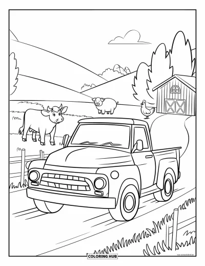 Dibujo de camiones para colorear para niños: Un camión de granja pasa junto a árboles, una cerca y un granero lejano con animales