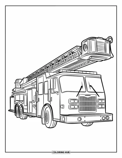 Dibujo de camiones para colorear para niños: Un camión de bomberos extiende su escalera en un barrio tranquilo de la ciudad