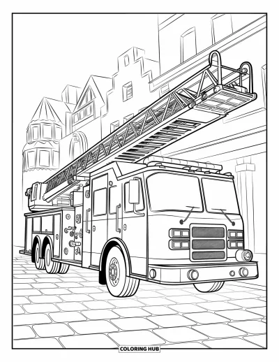 Dibujo de camiones para colorear para niños: Un camión de bomberos apoya su escalera en un edificio detallado con arquitectura única