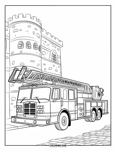 Dibujo de camiones para colorear para niños: Un camión de bomberos en una calle empedrada está junto a un edificio de piedra