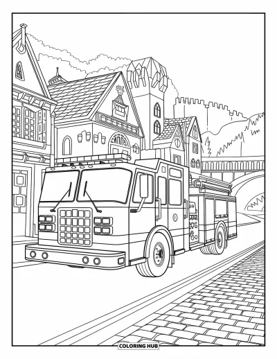 Dibujo de camiones para colorear para niños: Un camión de bomberos pasa rápidamente junto a castillos y torres al lado de calles empedradas y un puente