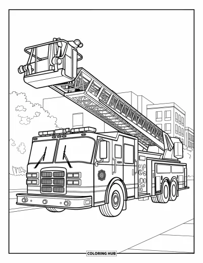 Dibujo de camiones para colorear para niños: Un camión de bomberos con escalera de plataforma extendida y logotipo llamativo descansa en una acera cerca de edificios