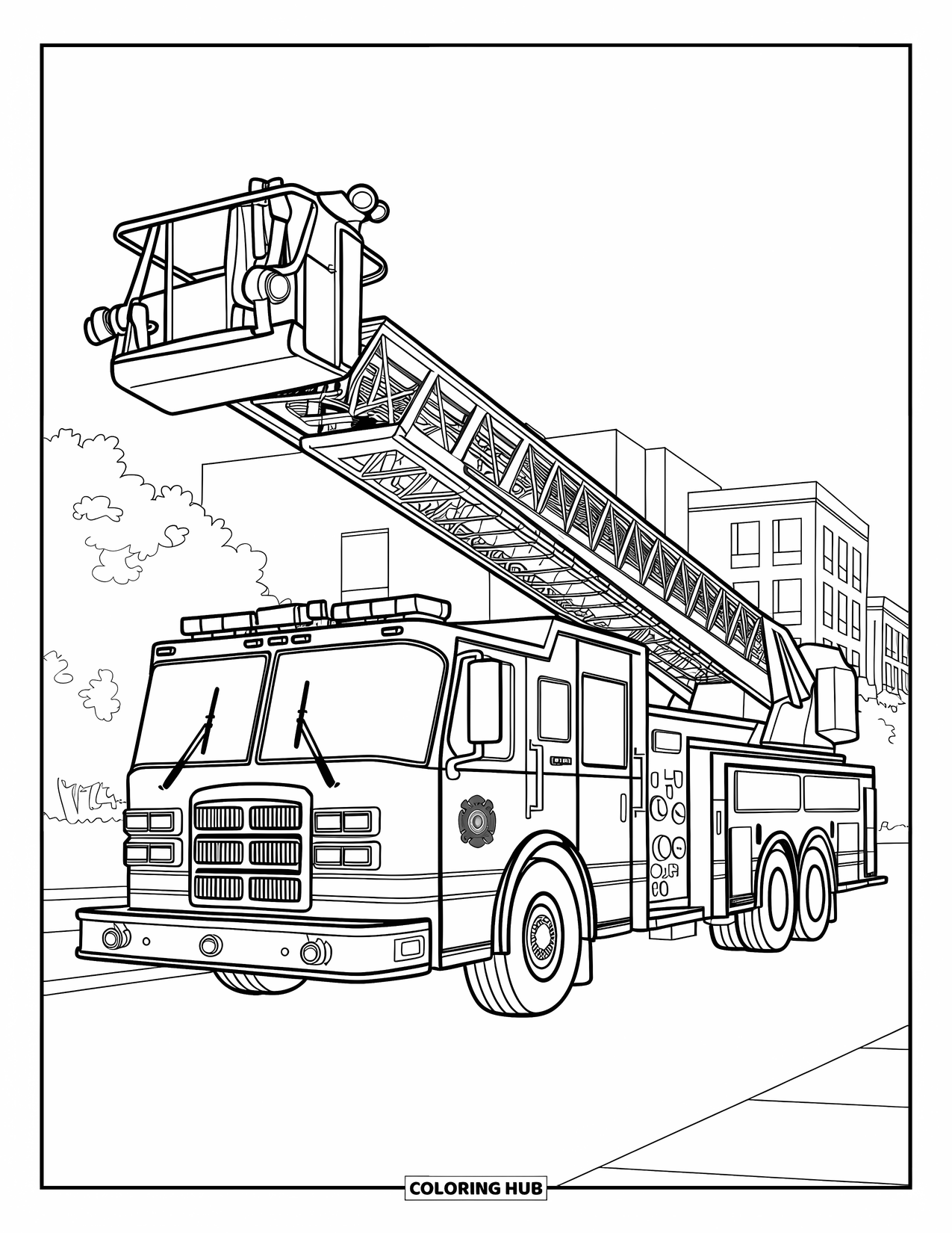 Kleurplaat van een vrachtwagen voor kinderen: Een brandweerwagen met een uitgeschoven platformladder en een vet logo staat op een stoep in de buurt van gebouwen