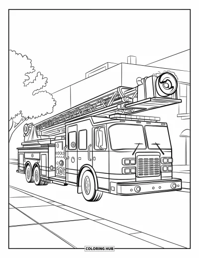 Dibujo de camiones para colorear para niños: Un camión de bomberos con escalera grande y sirena se estaciona junto a árboles y edificios en una calle de líneas limpias