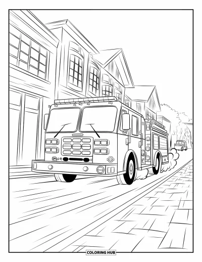Dibujo de camiones para colorear para niños: Un camión de bomberos con luces intermitentes corre entre edificios y árboles por una calle de ladrillo