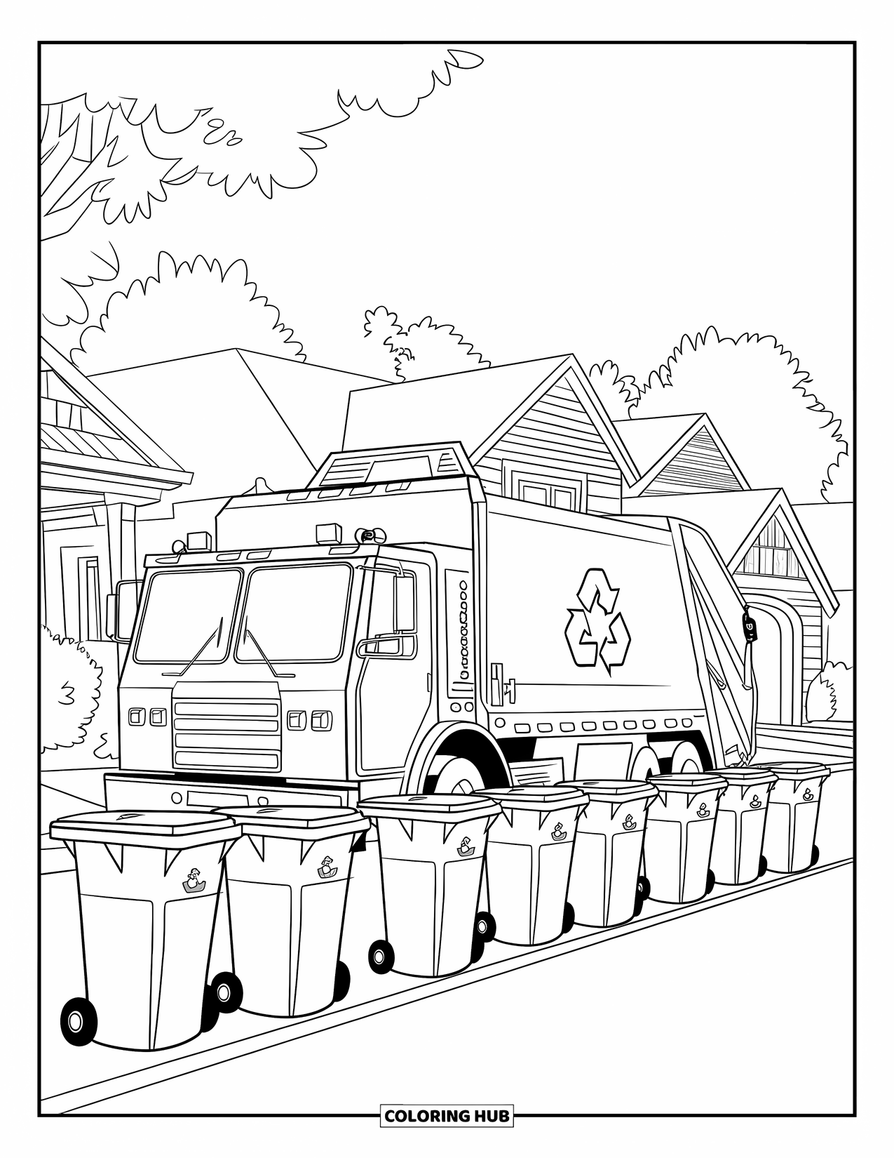 Kleurplaat van een vrachtwagen voor kinderen: Een vuilniswagen haalt containers op langs een rustige straat met huizen en bomen