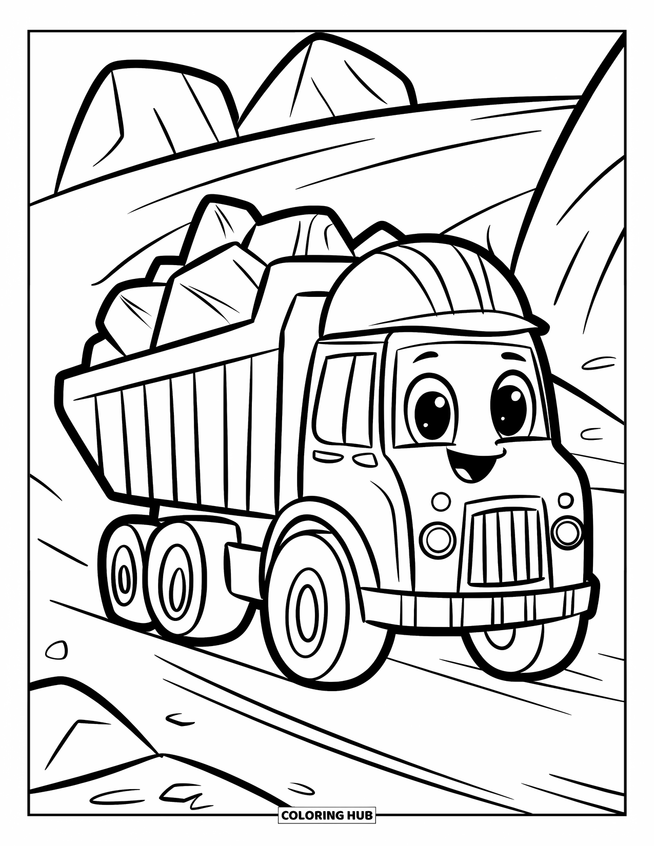 Kleurplaat van een vrachtwagen voor kinderen: Een vrolijke kiepwagen met een helm vervoert rotsen op een rotsachtig pad met dikke, makkelijk in te kleuren lijnen
