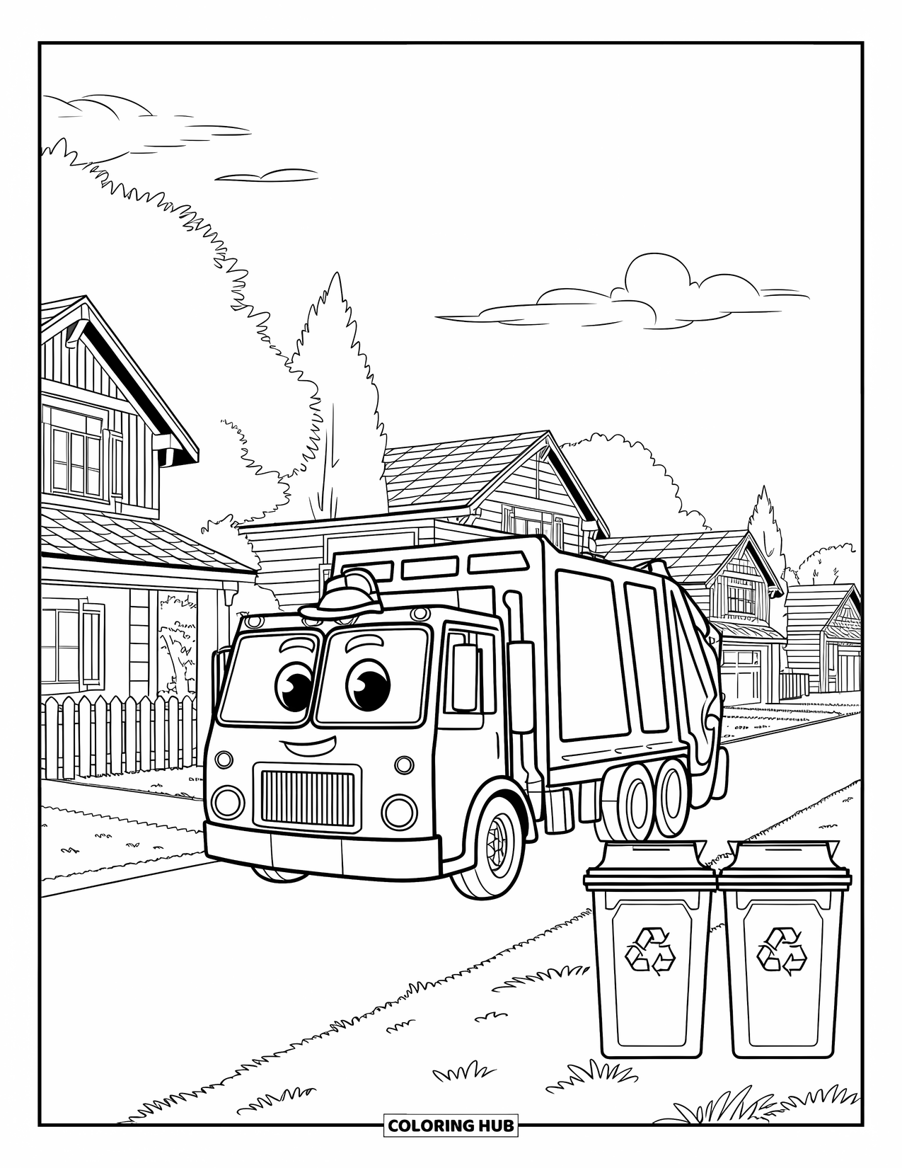Kleurplaat van een vrachtwagen voor kinderen: Een vrolijke vuilniswagen met een hoed pakt gelabelde containers op bij gezellige huizen