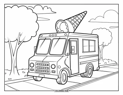 Dibujo de camiones para colorear para niños: Un camión de helados feliz se estaciona cerca de árboles con flores bajo un cielo soleado