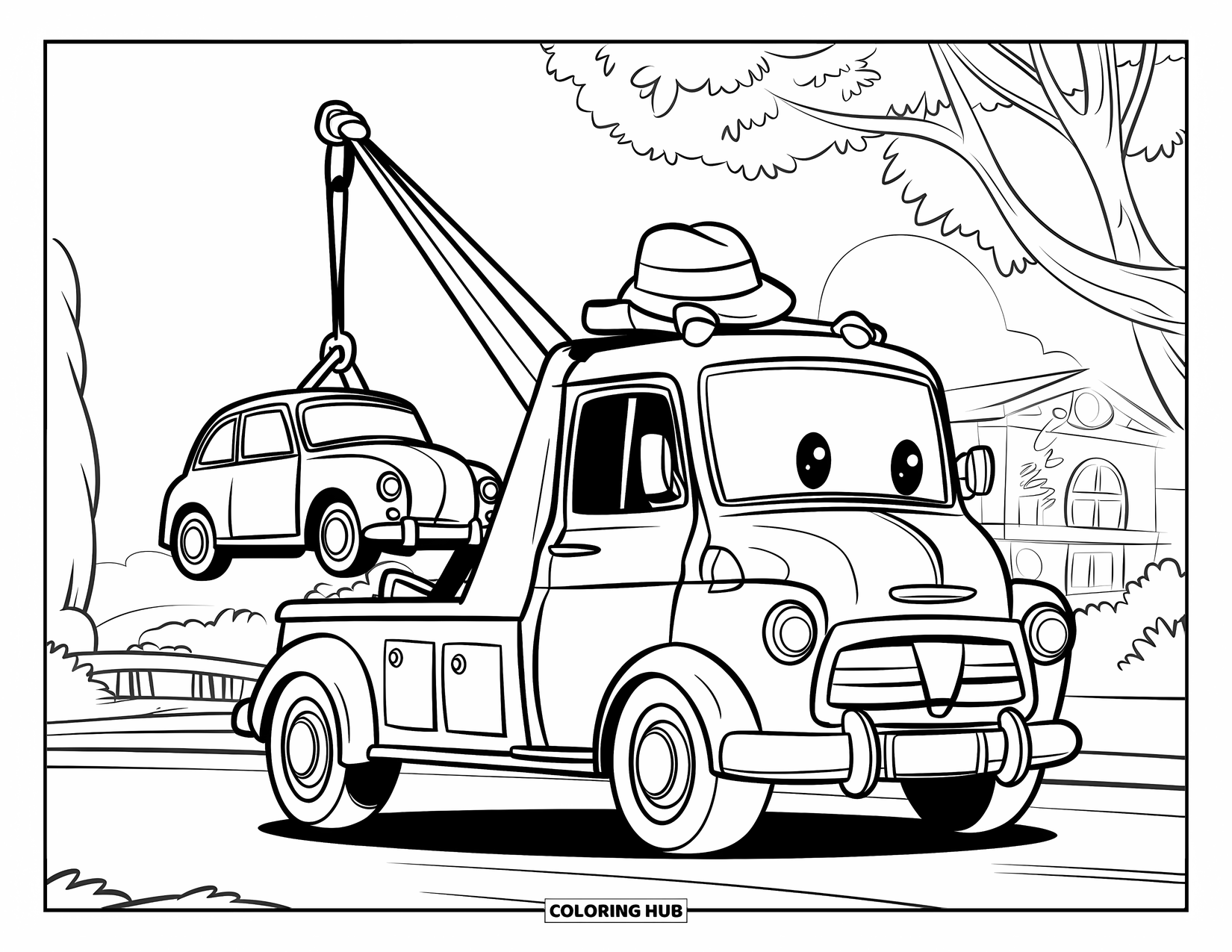 Kleurplaat van een vrachtwagen voor kinderen: Een vrolijke mini-sleepwagen met een hoed tilt een ronde vintage auto op in de buurt van een brug