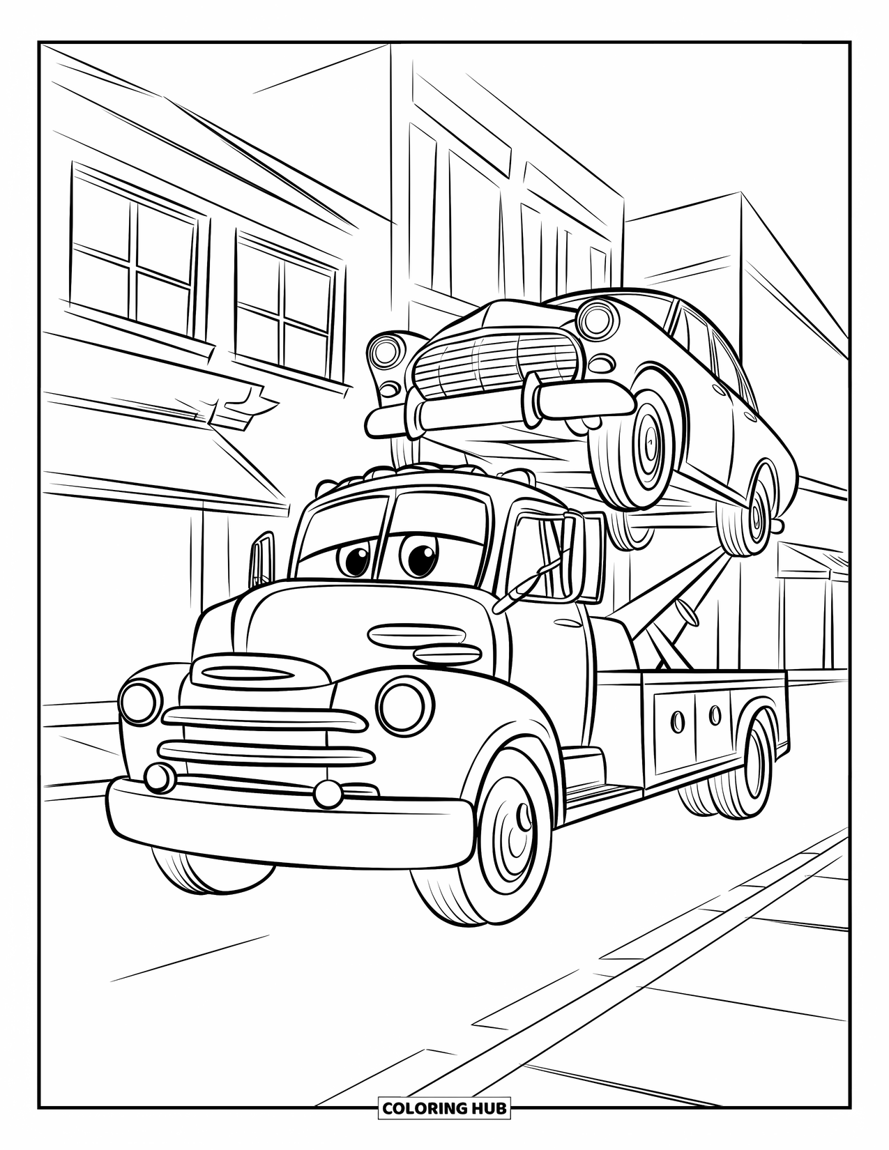 Kleurplaat van een vrachtwagen voor kinderen: Een vrolijke sleepwagen tilt een vintage auto op naast kleine stadsgebouwen