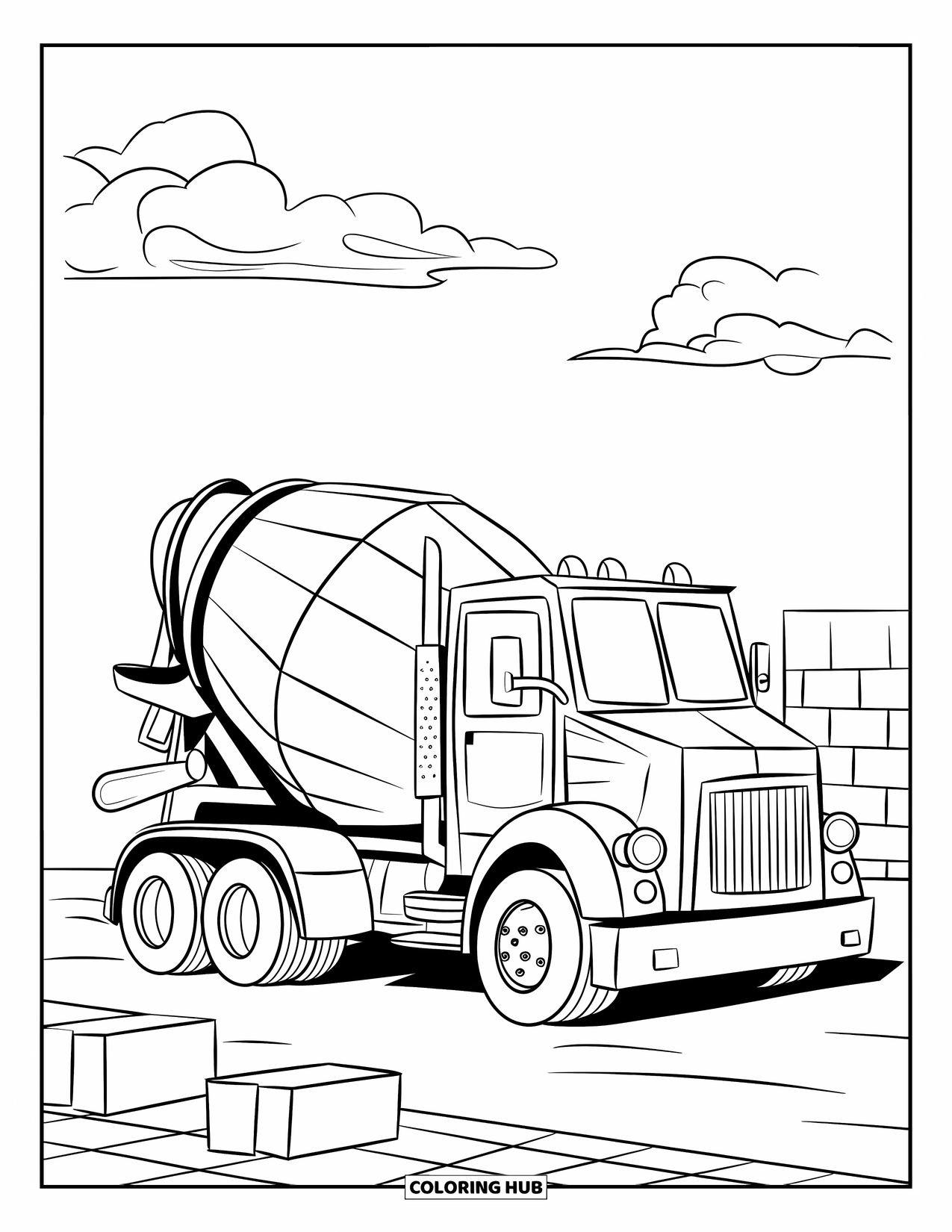Kleurplaat van een vrachtwagen voor kinderen: Een vrolijke betonmolen werkt in de buurt van betonblokken onder een heldere, luchtige hemel
