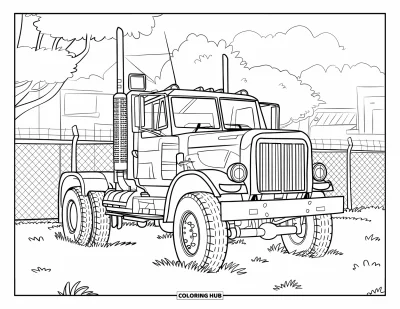 Dibujo de camiones para colorear para niños: Un camión militar con una antena grande está estacionado en un campo con césped y cerca