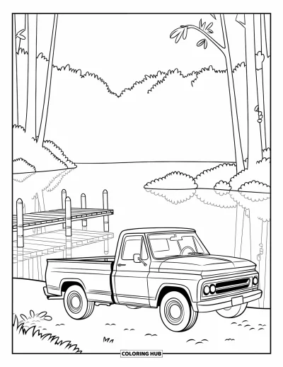 Dibujo de camiones para colorear para niños: Un lago tranquilo refleja una camioneta pickup vintage y árboles altos