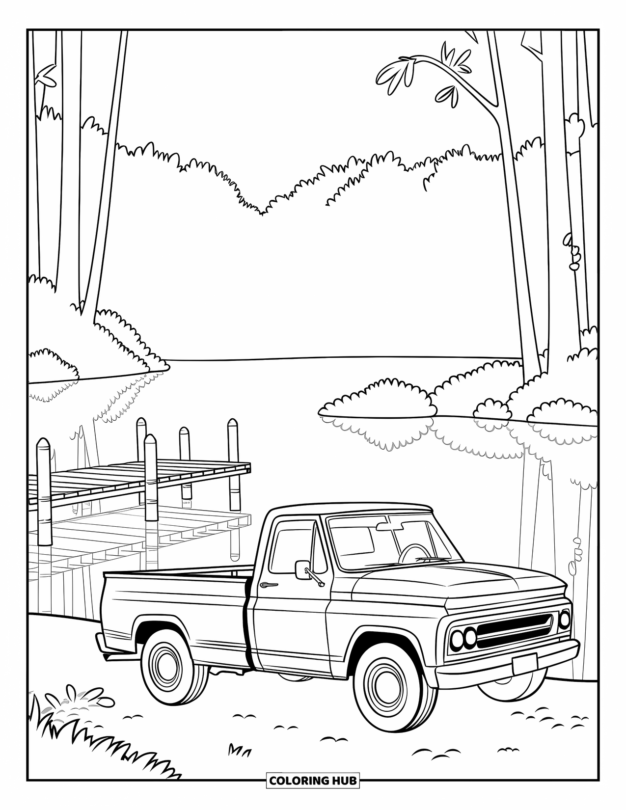 Kleurplaat van een vrachtwagen voor kinderen: Een vredig meer weerspiegelt een vintage pick-up truck en hoge bomen