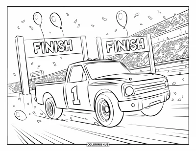 Dibujo de camiones para colorear para niños: Un camión listo para correr pasa veloz la línea de meta bajo confeti y globos