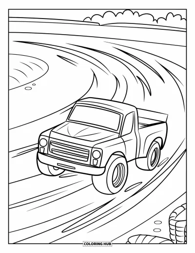 Dibujo de camiones para colorear para niños: Un camión de carreras con ruedas grandes avanza a toda velocidad por un camino de tierra con marcas de neumáticos