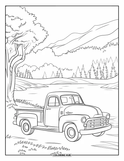Dibujo de camiones para colorear para niños: Un camión vintage rojo y blanco descansa cerca de árboles y vistas montañosas