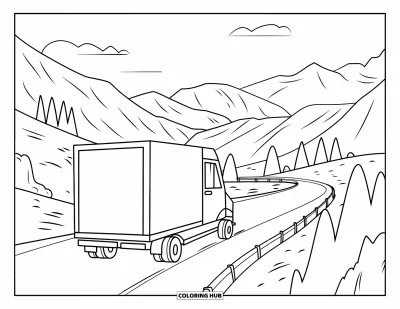 Dibujo de camiones para colorear para niños: Un camión de reparto rojo conduce por una curva de montaña con cielos despejados