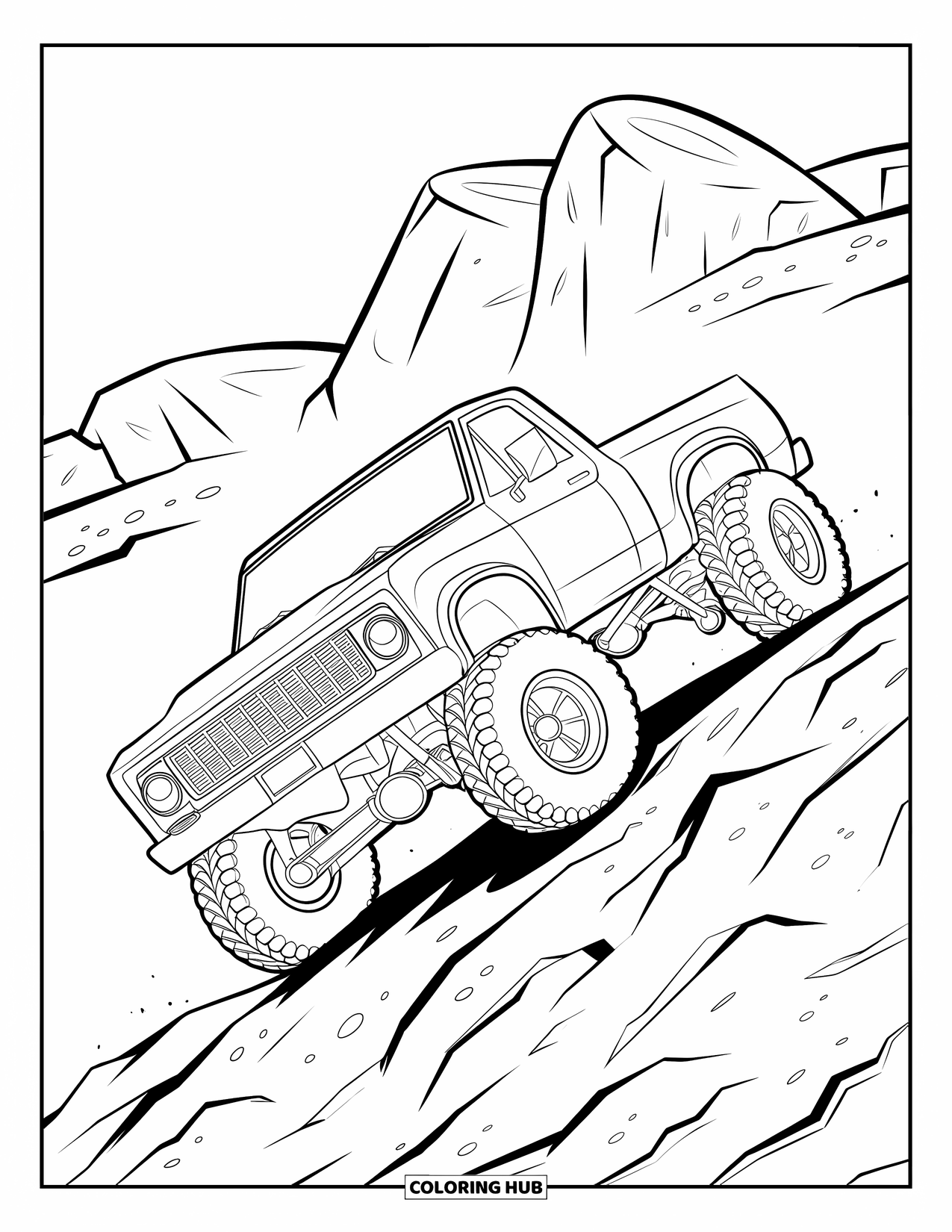 Kleurplaat van een vrachtwagen voor kinderen: Een off-road truck met rode wielen beklimt een heuvel vol rotsblokken