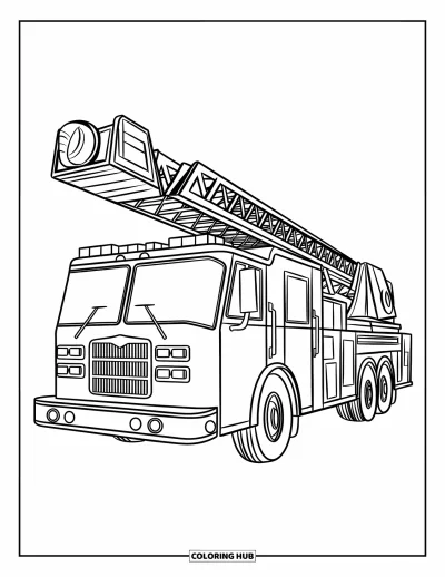 Dibujo de camiones para colorear para niños: Un camión de bomberos sencillo con escalera alta y sirena está sobre un fondo blanco con contornos marcados