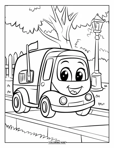 Dibujo de camiones para colorear para niños: Un camión de reparto sonriente con ruedas grandes se detiene cerca de un buzón con la banderita levantada