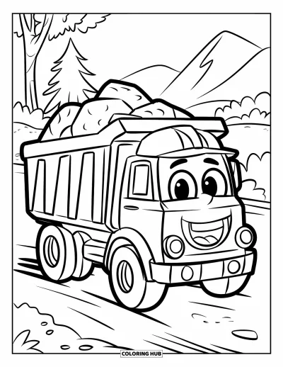 Dibujo de camiones para colorear para niños: Un camión volquete sonriente con casco transporta rocas grandes por un camino de tierra con árboles y montañas