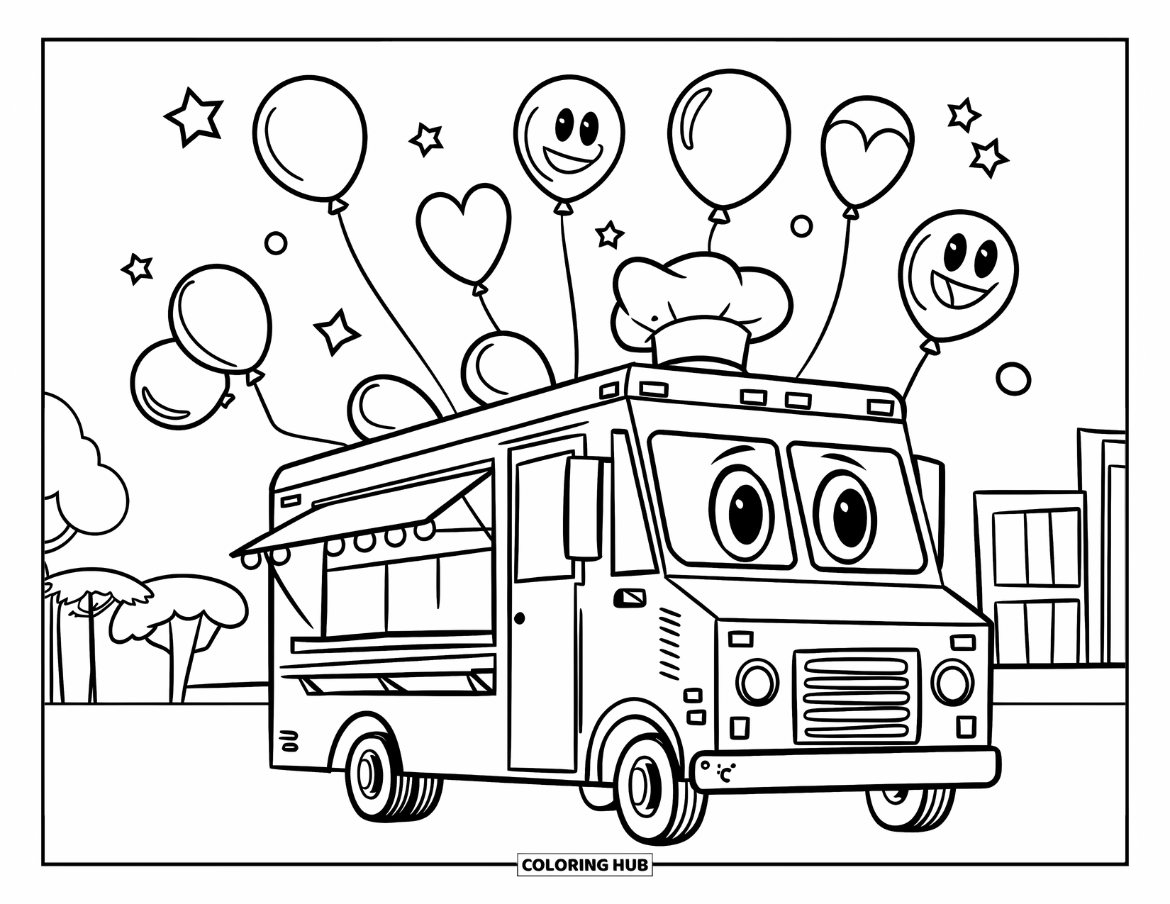 Kleurplaat van een vrachtwagen voor kinderen: Een lachende foodtruck met een koksmuts serveert lekkernijen op een kermis