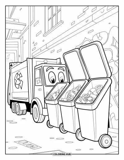Dibujo de camiones para colorear para niños: Un camión de basura sonriente da marcha atrás hacia contenedores desbordados en un callejón con grafiti