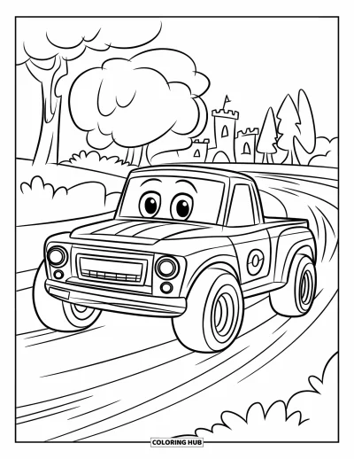 Dibujo de camiones para colorear para niños: Un camión de carreras sonriente acelera por una pista de tierra con árboles y un castillo lejano