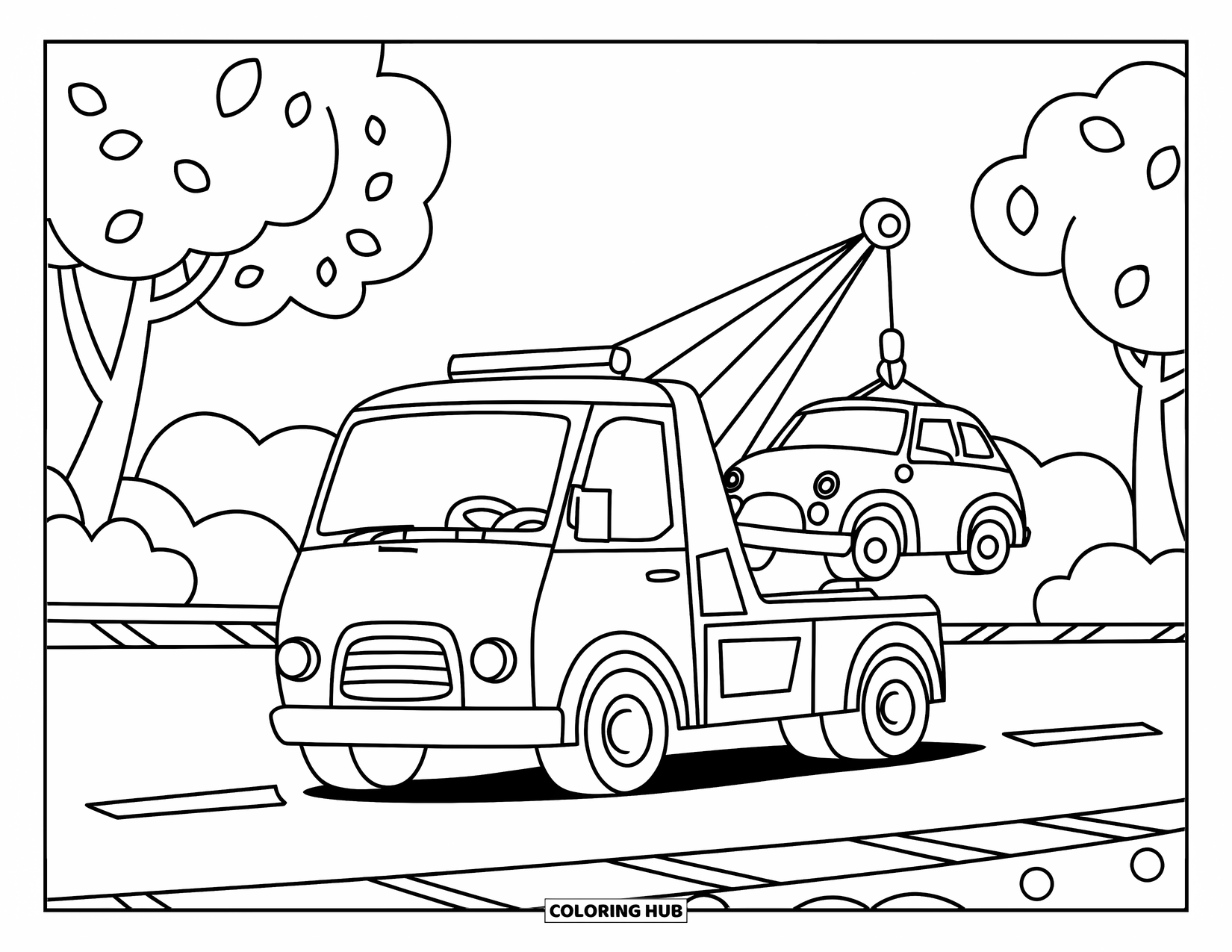 Kleurplaat van een vrachtwagen voor kinderen: Een lachende sleepwagen met een stevige haak tilt een auto op in de buurt van groene bomen