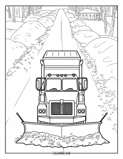 Dibujo de camiones para colorear para niños: Un camión quitanieves avanza por una carretera larga con árboles y edificios nevados