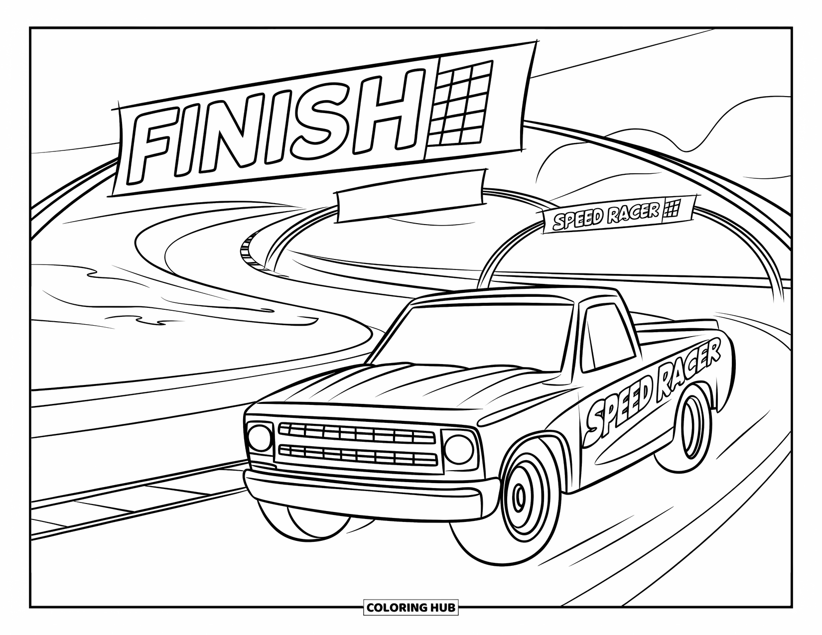 Kleurplaat van een vrachtwagen voor kinderen: Een snelle truck met het opschrift "Speed Racer" passeert finishlijnbanners op een bochtig parcours