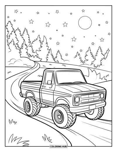Dibujo de camiones para colorear para niños: Una camioneta pickup con rayas y ruedas enormes conduce por un bosque bajo estrellas y una luna brillante