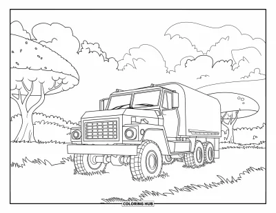 Dibujo de camiones para colorear para niños: Un camión militar resistente está estacionado en un campo con árboles y nubes esponjosas arriba