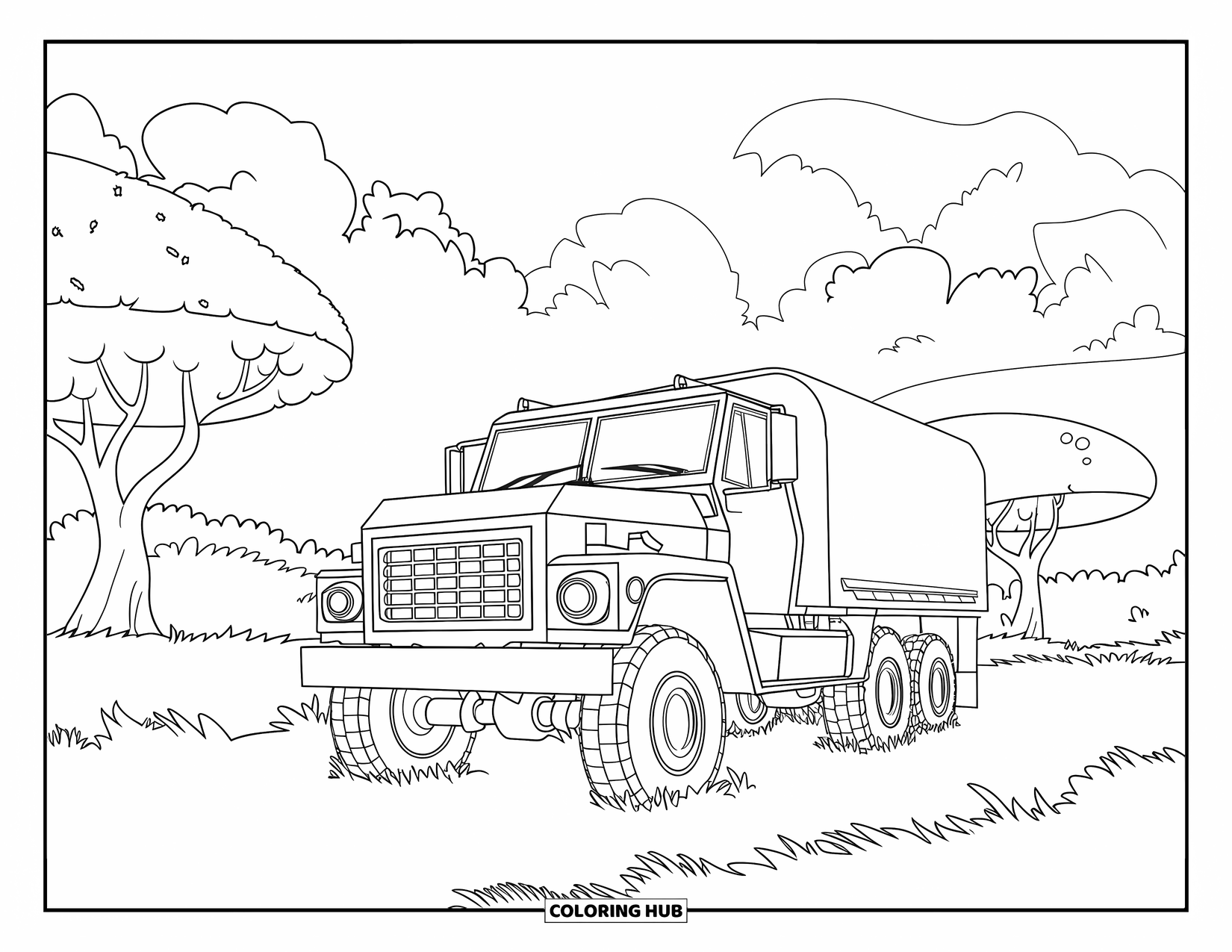 Kleurplaat van een vrachtwagen voor kinderen: Een stevige legertruck staat geparkeerd in een met bomen omzoomd veld met luchtige wolken erboven