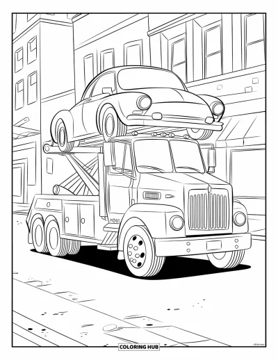 Dibujo de camiones para colorear para niños: Una grúa remolque levanta un auto en una escena del centro con calles llenas de tiendas