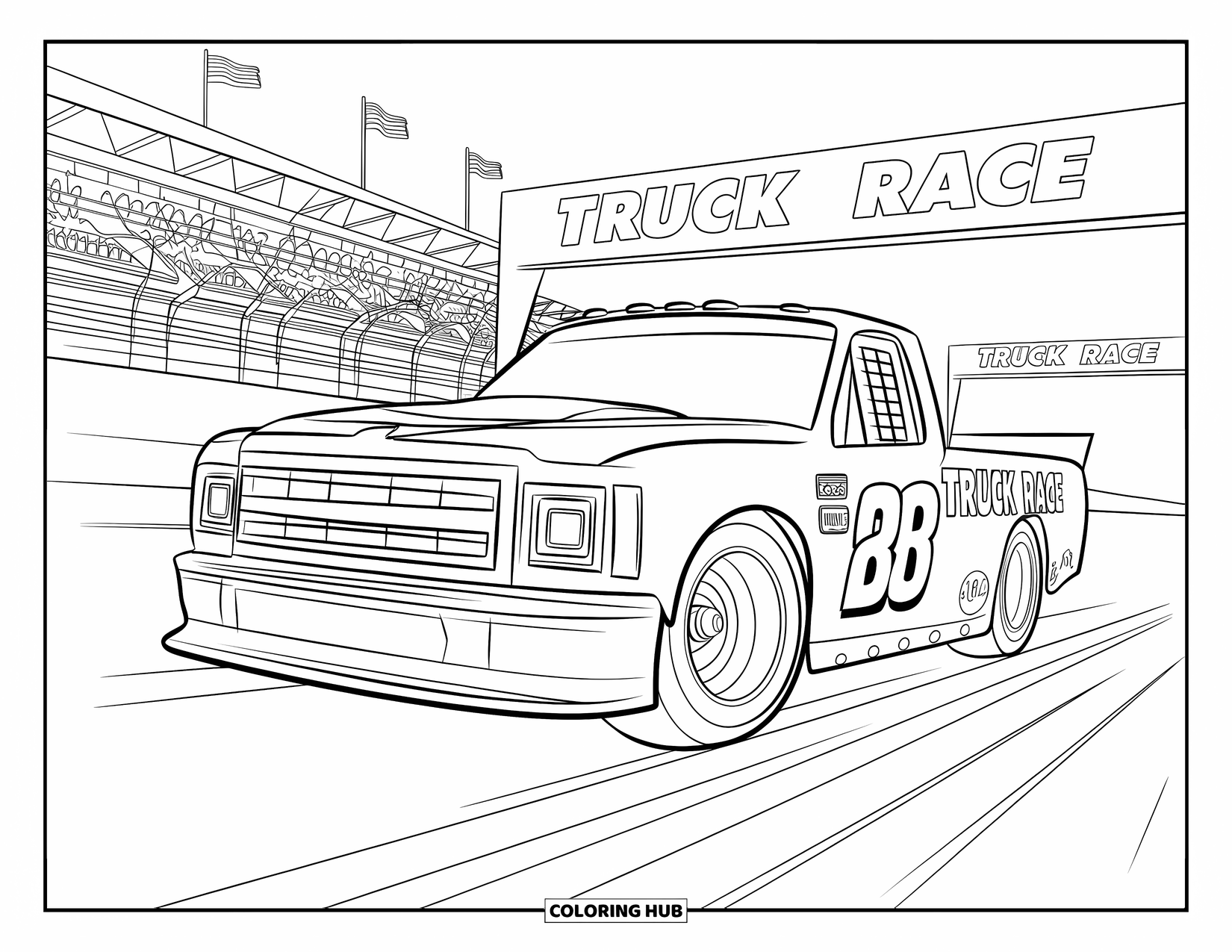 Kleurplaat van een vrachtwagen voor kinderen: Een truck met het label "Truck Race" scheurt door een stadion vol juichende fans