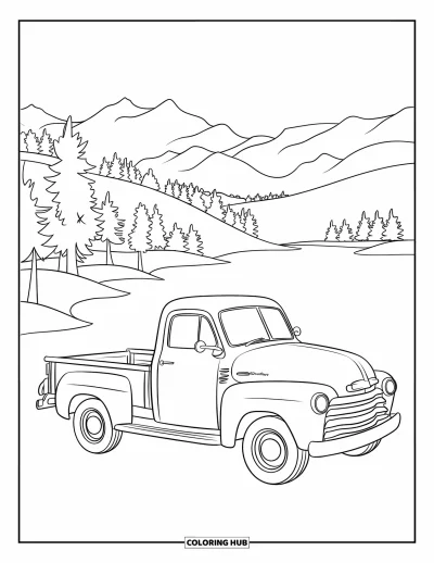 Dibujo de camiones para colorear para niños: Una camioneta pickup vintage está estacionada junto a un lago de montaña en calma