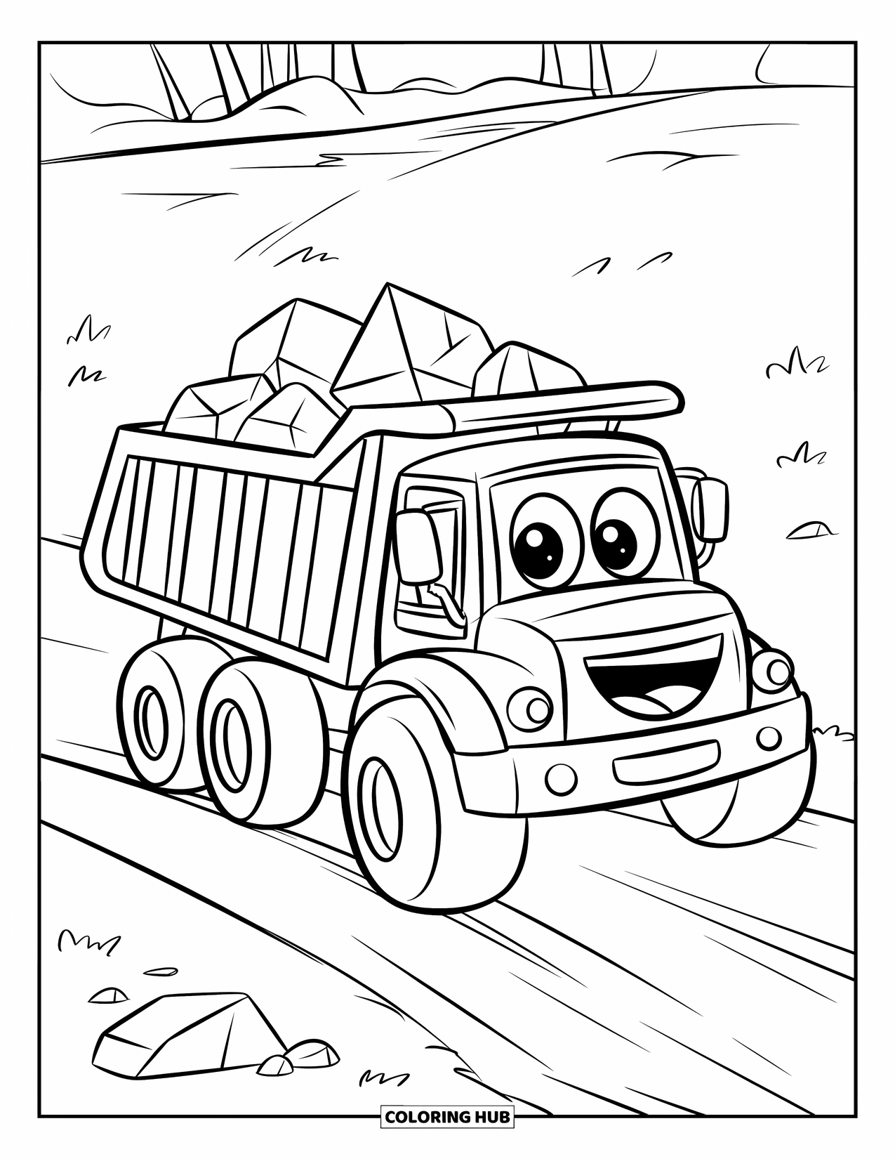 Kleurplaat van een vrachtwagen voor kinderen: Een gele kiepwagen met een smiley rolt over een rotsachtig zandpad in een veld met bomen