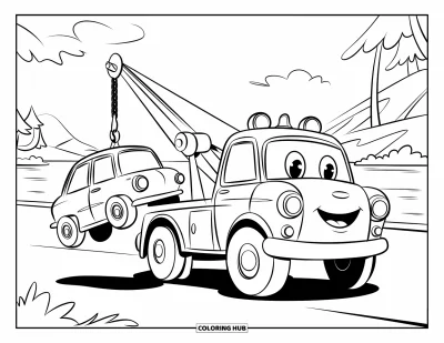 Dibujo de camiones para colorear para niños: Una mini grúa remolque amarilla sonríe mientras levanta un auto azul junto a un lago