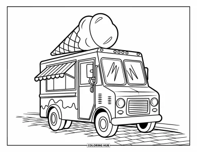 Dibujo de camiones para colorear para niños: Un camión de helados con formas divertidas se estaciona sobre adoquines con zonas grandes para colorear