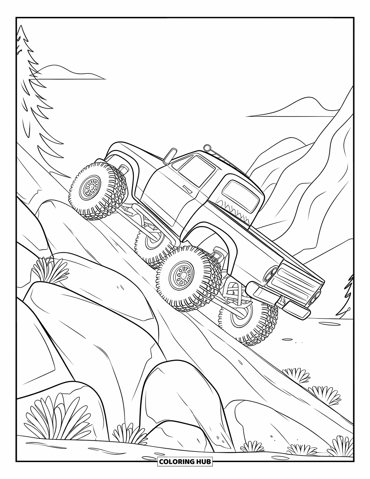 Kleurplaat van een vrachtwagen voor kinderen: Een off-road truck beklimt een steile heuvel vol rotsen en bomen