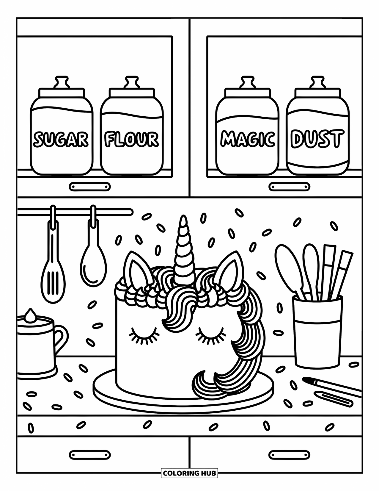 Unicorn Cake Coloring Page for Adults: A cozy kitchen scene with unicorn cake, dancing sprinkles, and magical labels
