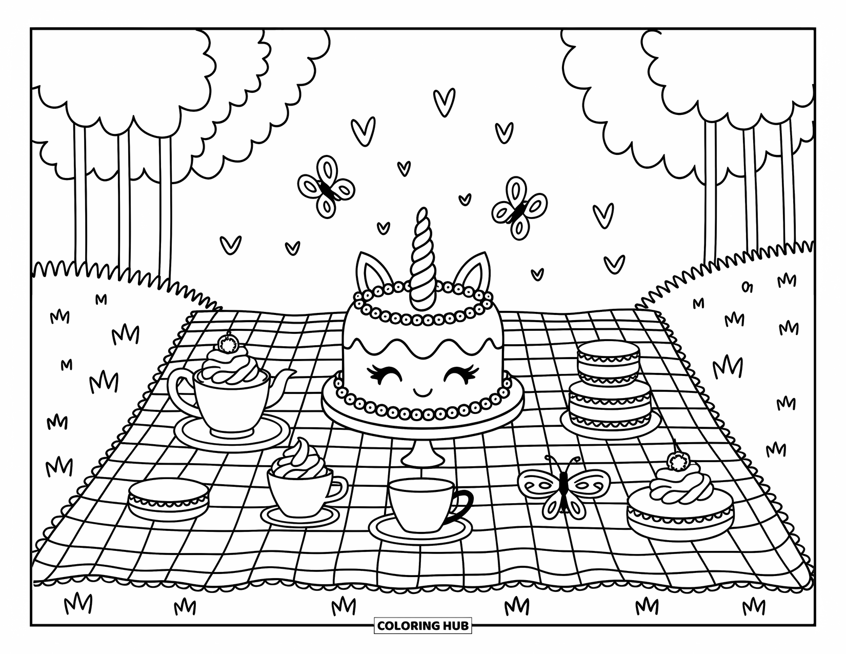 Unicorn Cake Coloring Page for Adults: A sunny meadow picnic with unicorn cake, teacups, and fluttering butterflies
