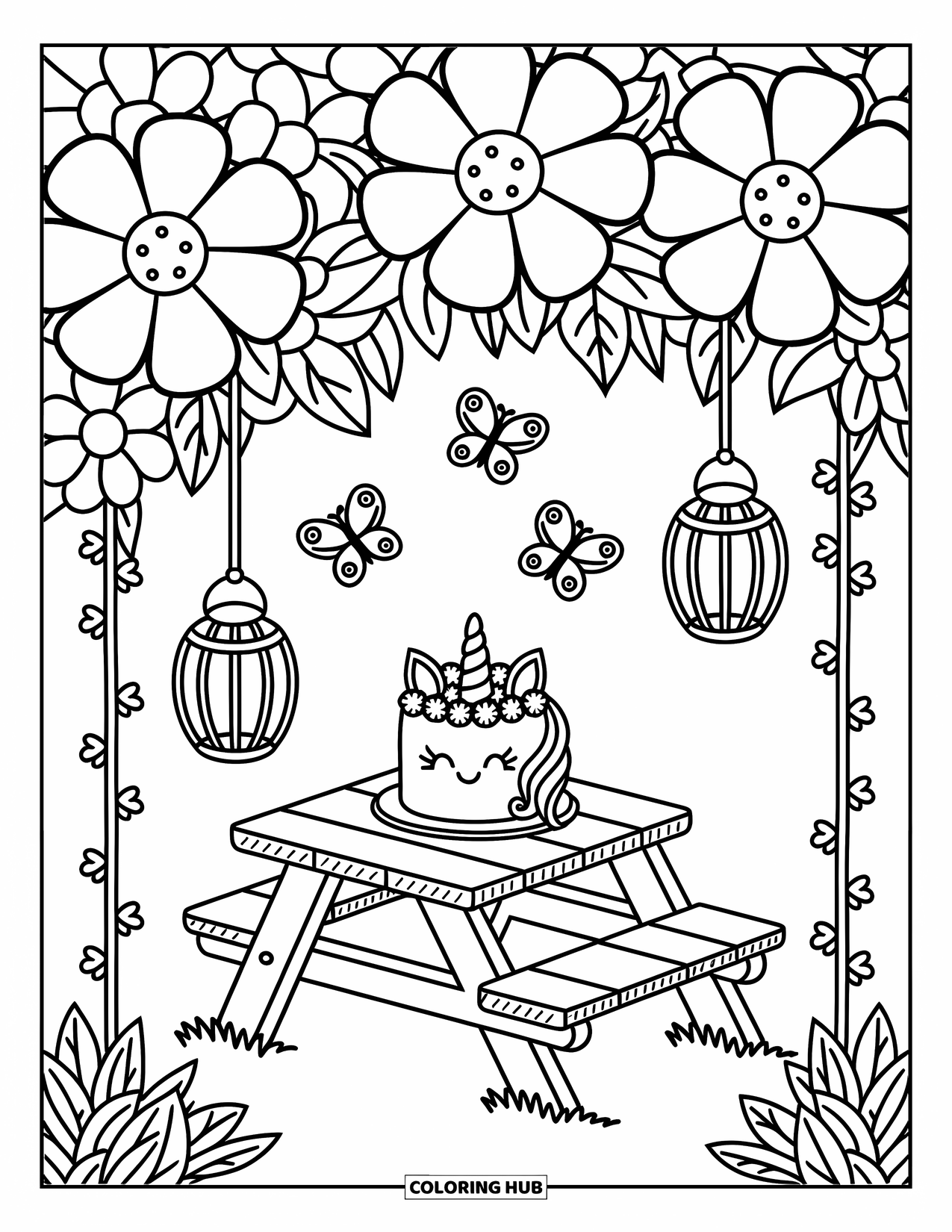Unicorn Cake Coloring Page for Adults: Charming garden table with unicorn cake, vine lanterns, and oversized blooms