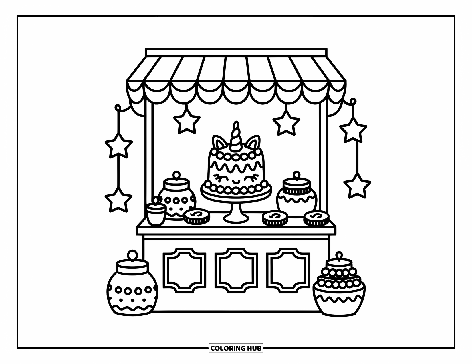 Unicorn Cake Coloring Page for Adults: Fair stall scene with unicorn cake, candy jars, and hanging decorations