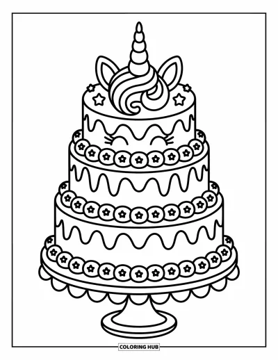 Coloriage de gâteau licorne pour adultes : Un gâteau licorne à étages avec des tourbillons pastel, des vermicelles et une corne sur un joli présentoir