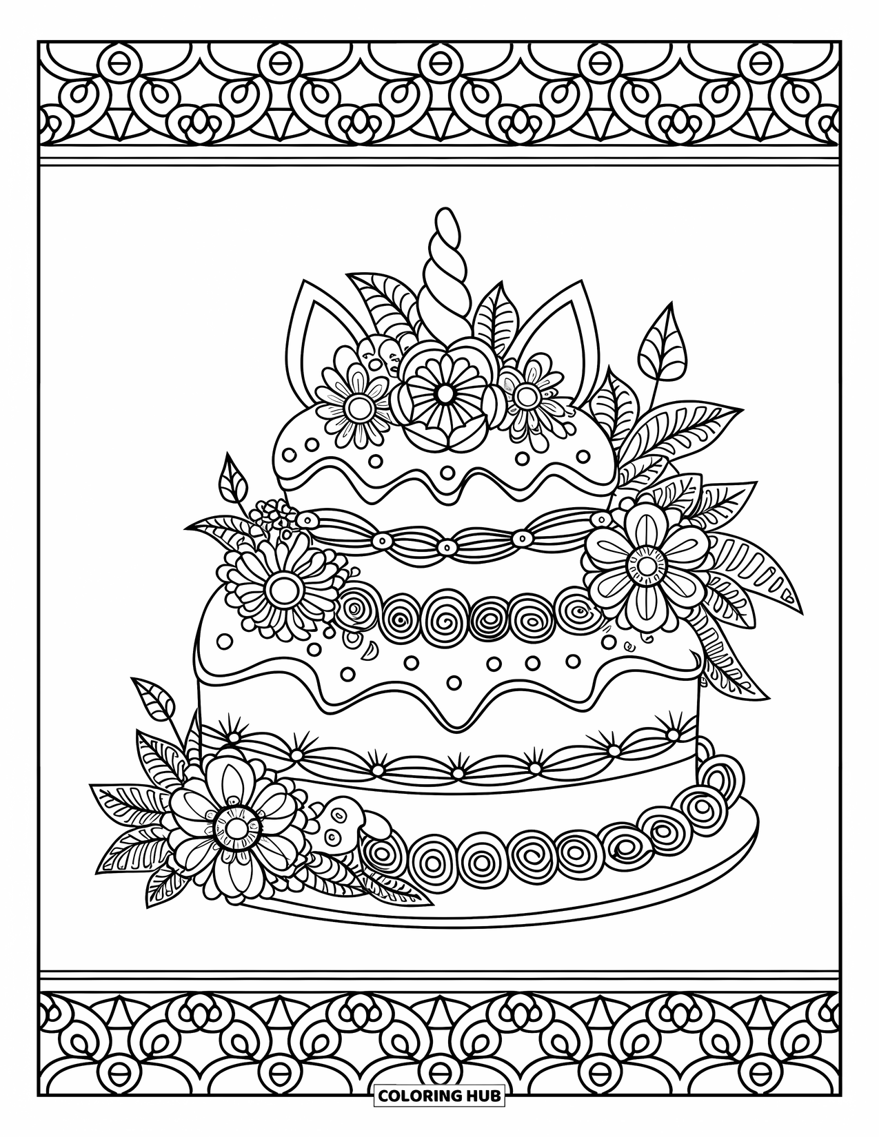 Unicorn Cake Coloring Page for Adults: Mandala-style unicorn cake with floral patterns and a spiral border