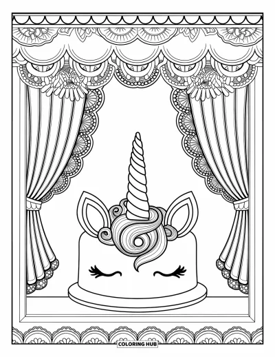 Coloriage de gâteau licorne pour adultes : La vitrine d'une pâtisserie avec un gâteau licorne, un rideau de dentelle et de délicates décorations vintage